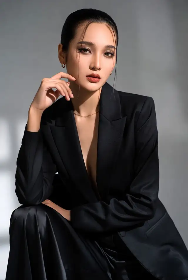 Style reference: Editorial Noir: Black Satin Tailoring