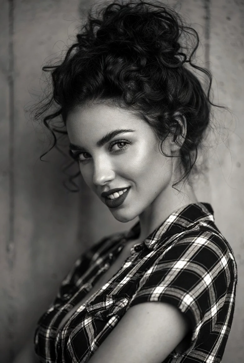 B&W Curly Updo Grunge Smile – 2026 “90s Rebel Romance” Viral Trend – Fashion Photo
