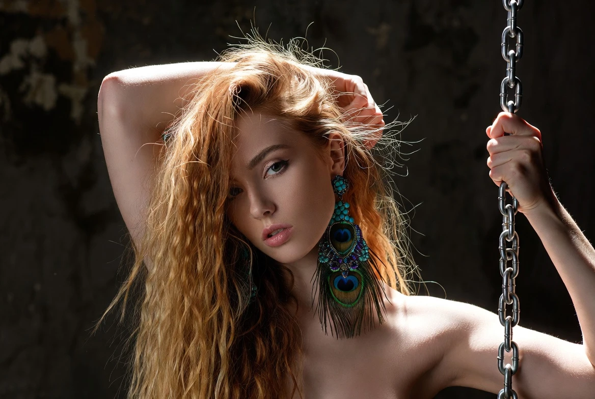 Bohemian Redhead with Peacock Feather Earrings & Chain Swing