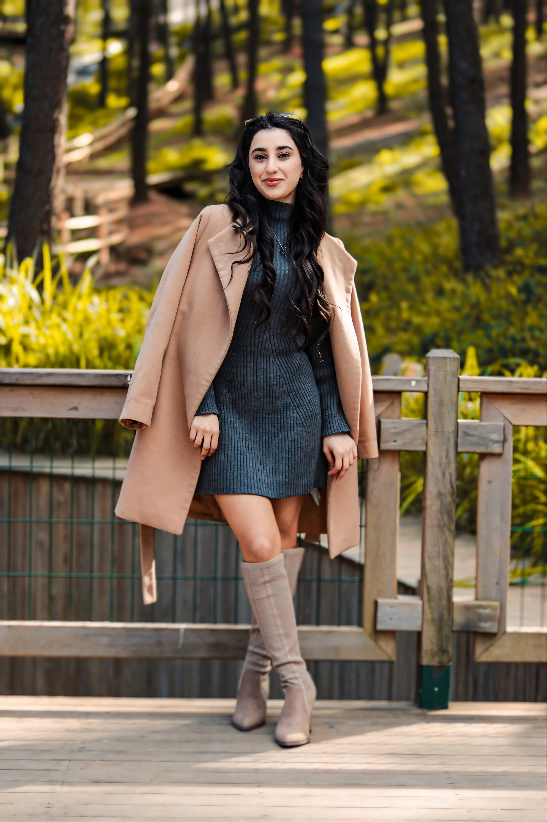 Camel Coat Over Sweater Dress for a Woman