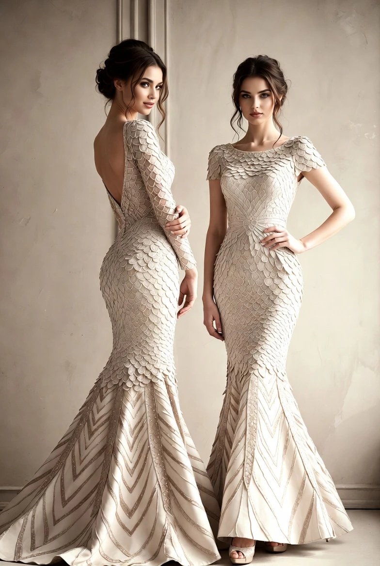 Champagne Scale Appliqué Mermaid Evening Gown Duo - Front and Back Vie