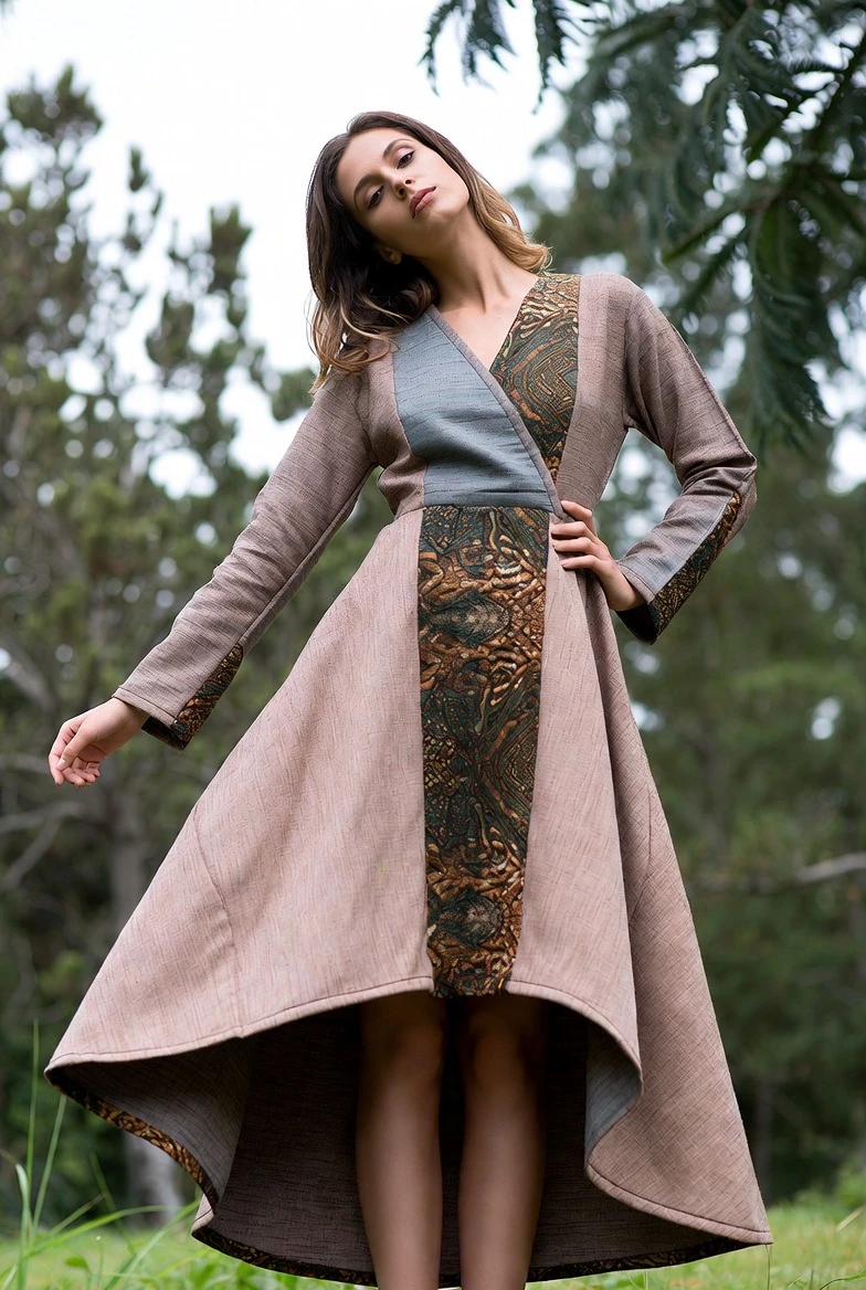 Elevate Ethnic Fusion with Brown Linen Tribal Coat-Dress