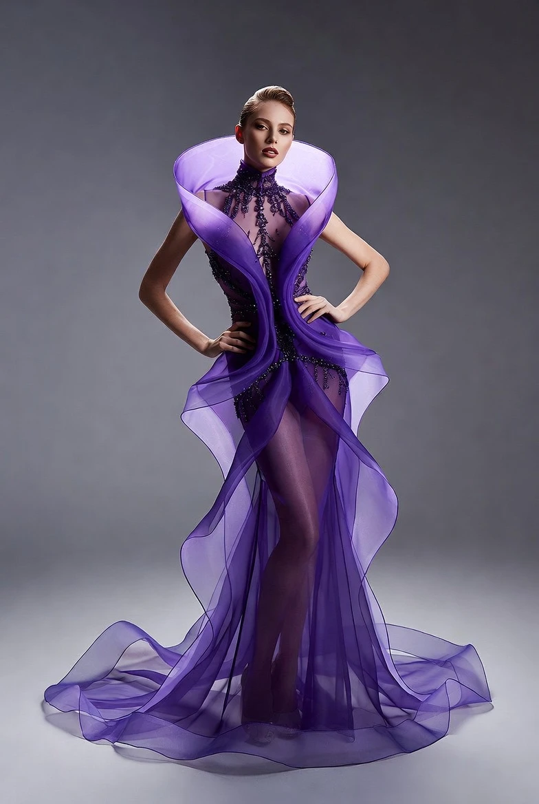 Embrace Dramatic Couture: Design This Purple Ruffled Gown Masterpiece 