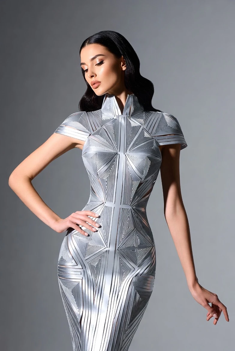 Futuristic Silver Geometric Couture Gown