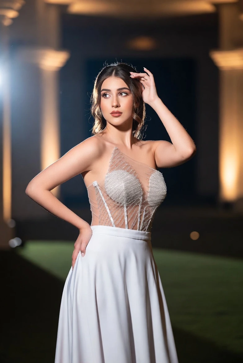 Glam White Crystal Sheer Bodice Flowing Evening Gown