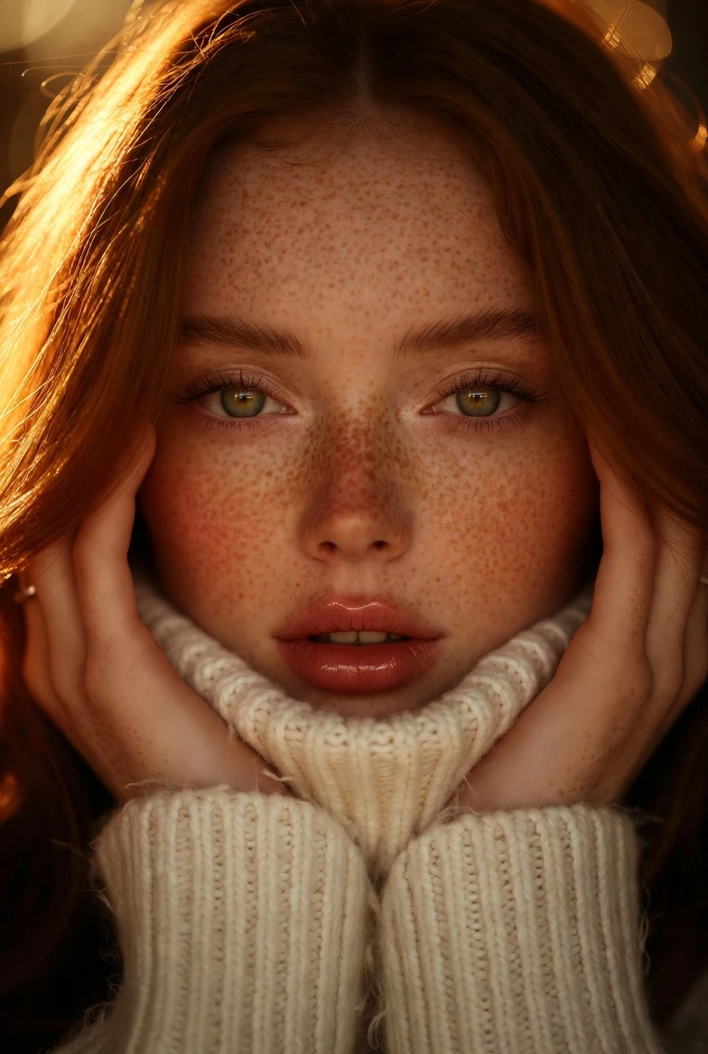 Golden-Hour Redhead Freckle Storm in Cream Knit