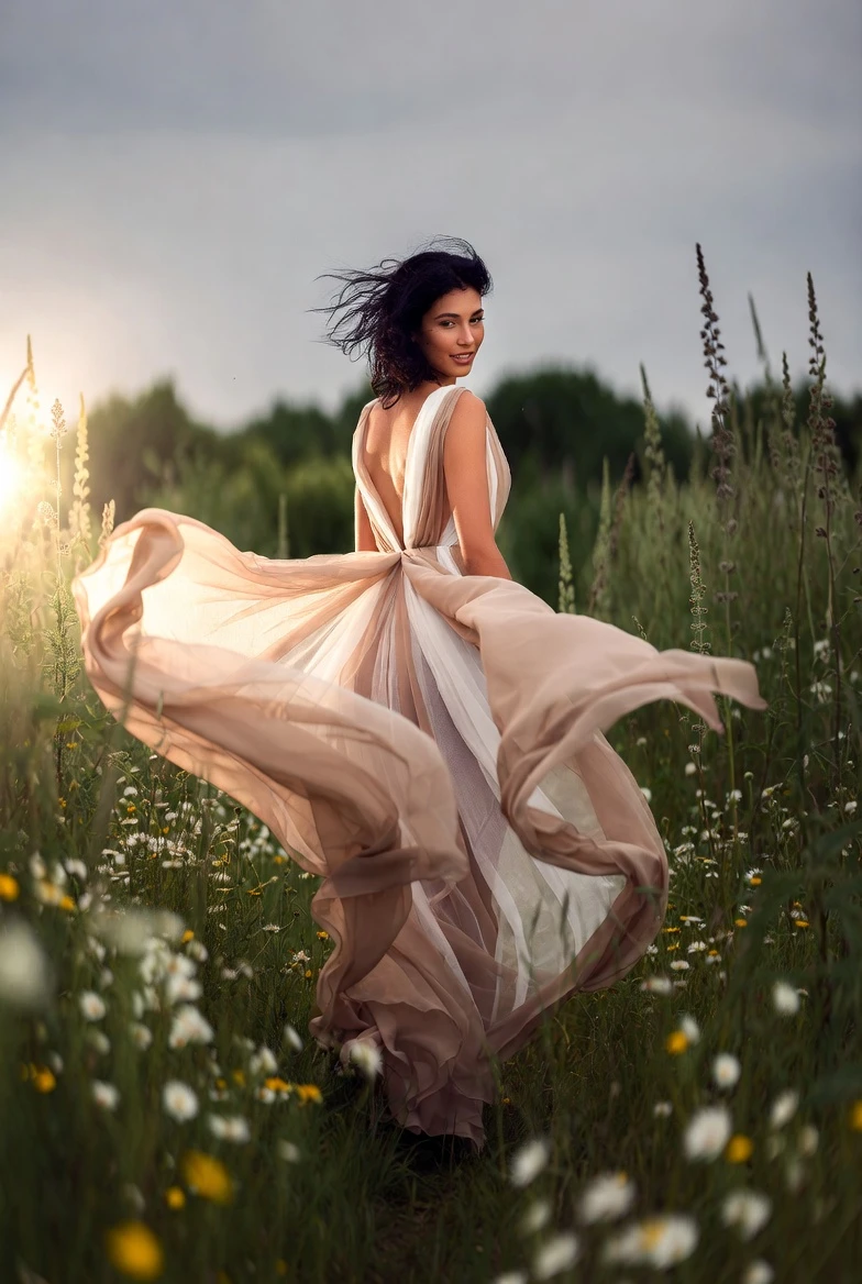 Layered Gown Meadow Flow: Ethereal Wander Grace