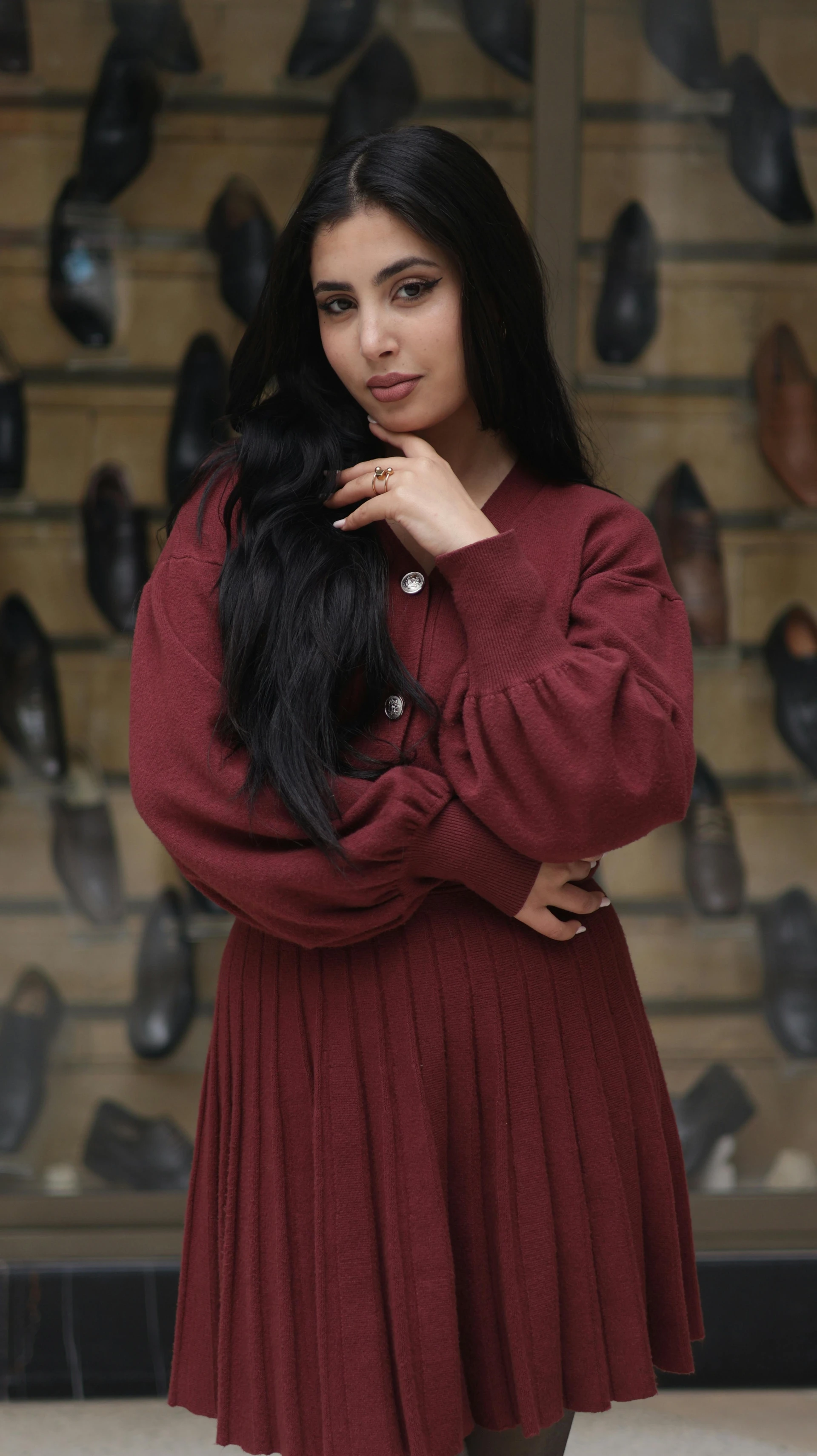 Maroon knit pleated dress styling for wheatish skin