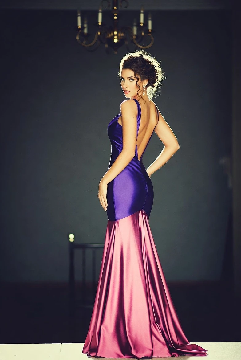 Master Glam Purple-Pink Open-Back Mermaid Evening Gown