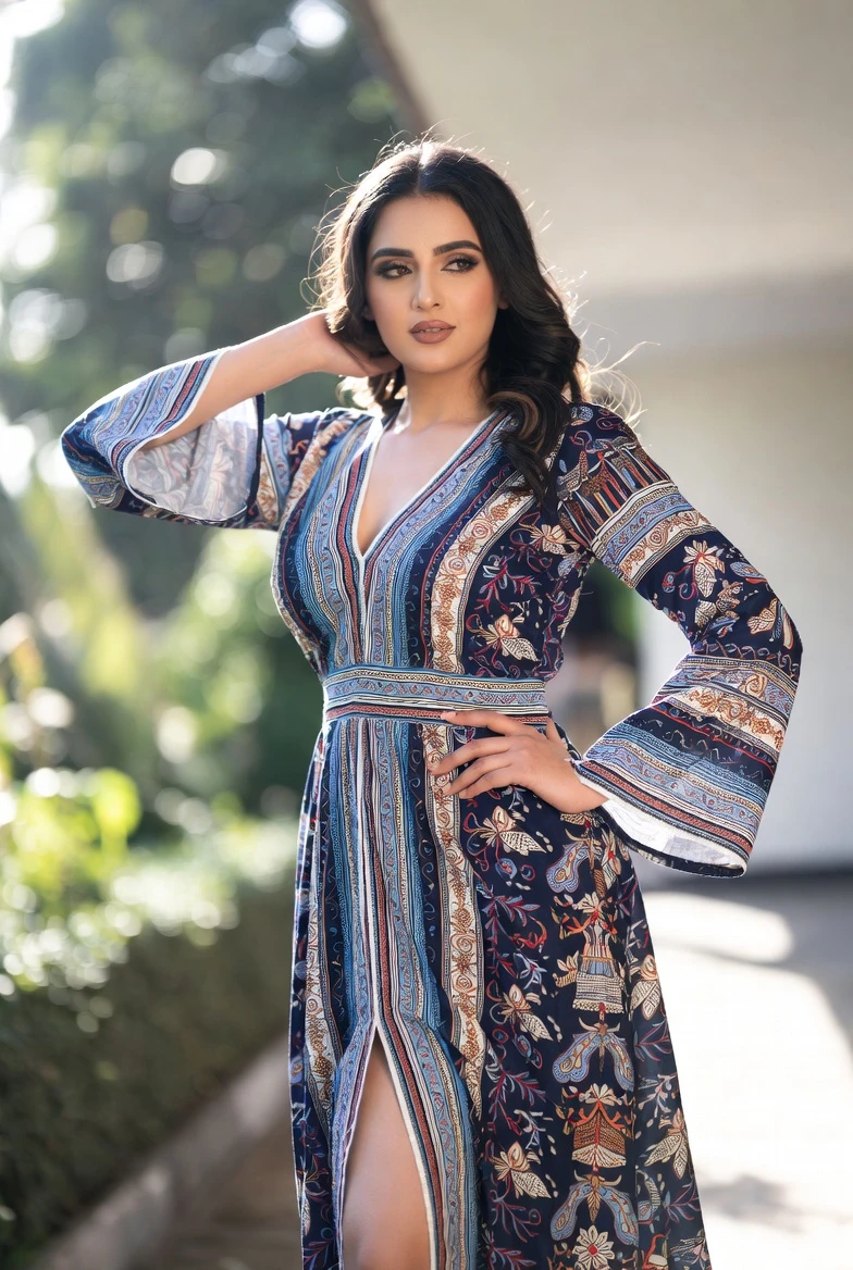 Navy Bohemian Print Kaftan – Vibrant Ethnic Fusion Glamour
