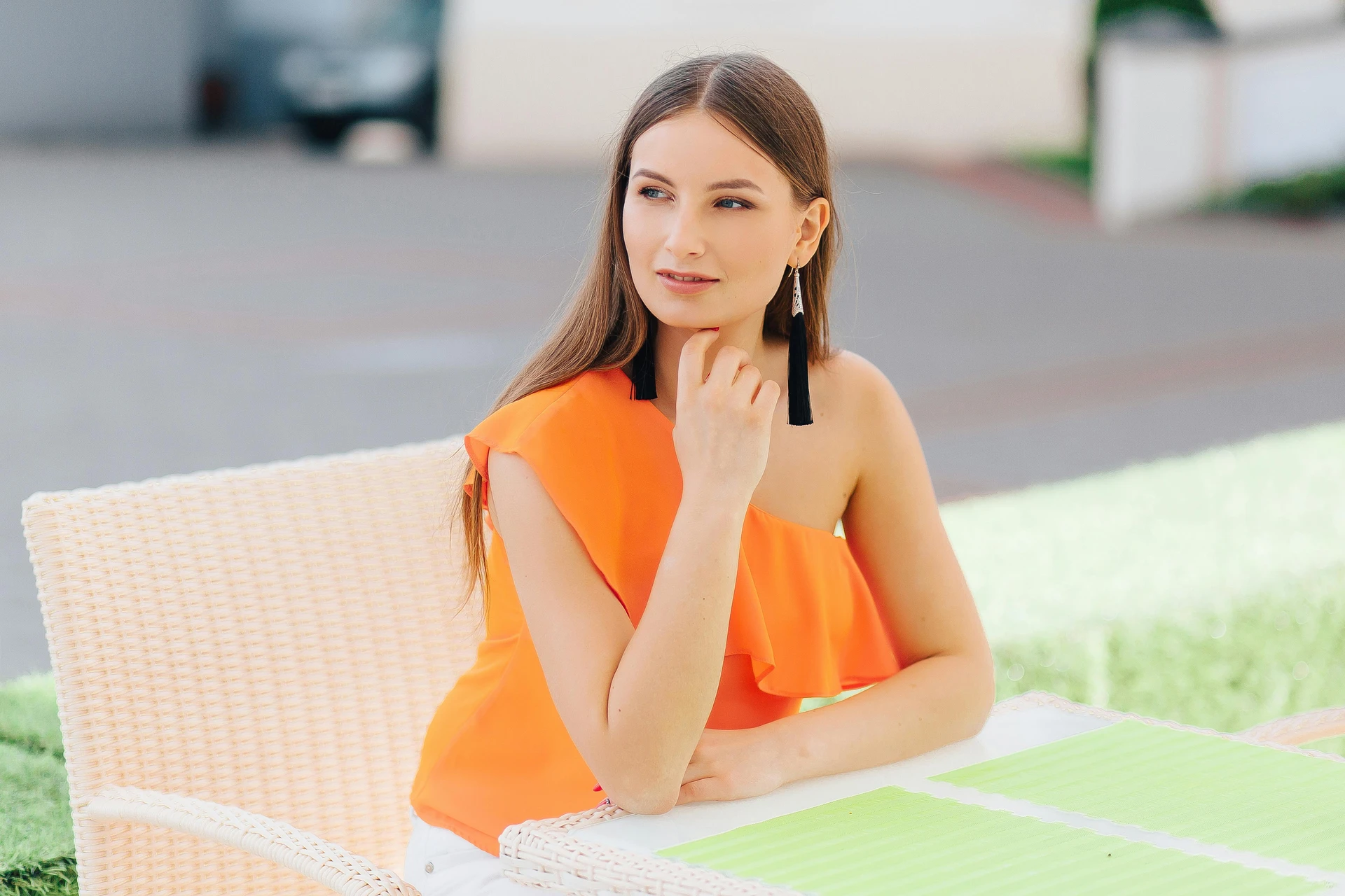 Orange One-Shoulder Ruffle Top Outfit Ideas Women