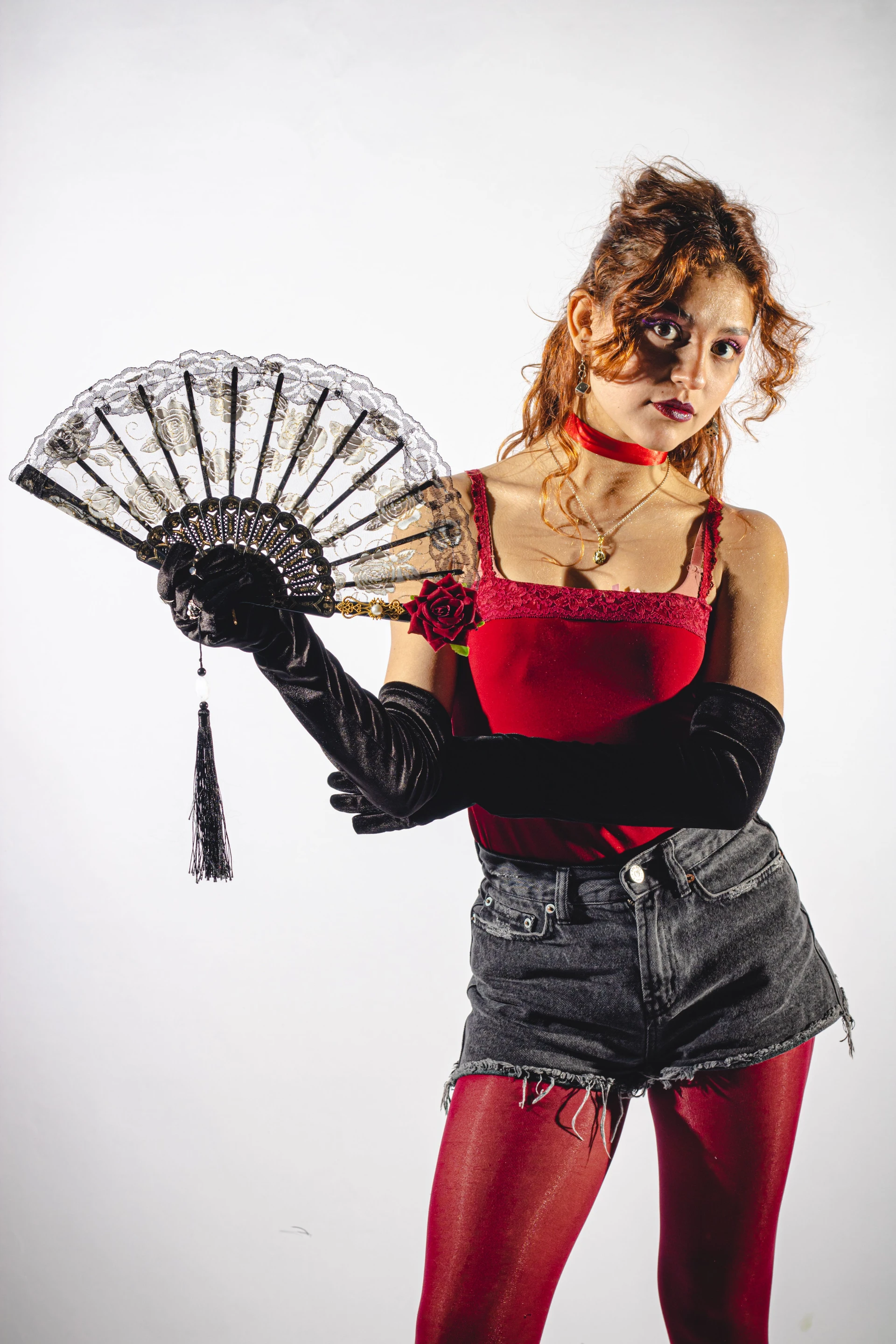Red Velvet Top with Black Opera Gloves Glam Red Carpet Look for Women