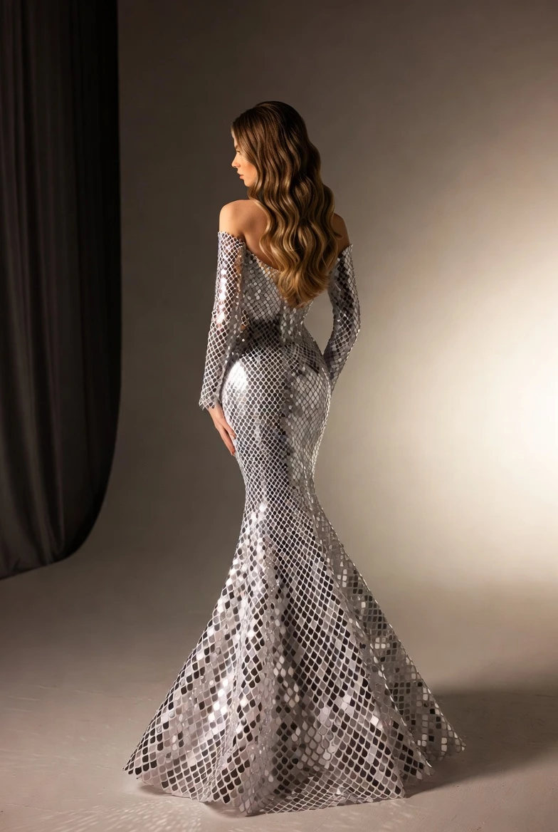Silver Sequined Mermaid Gown Back View