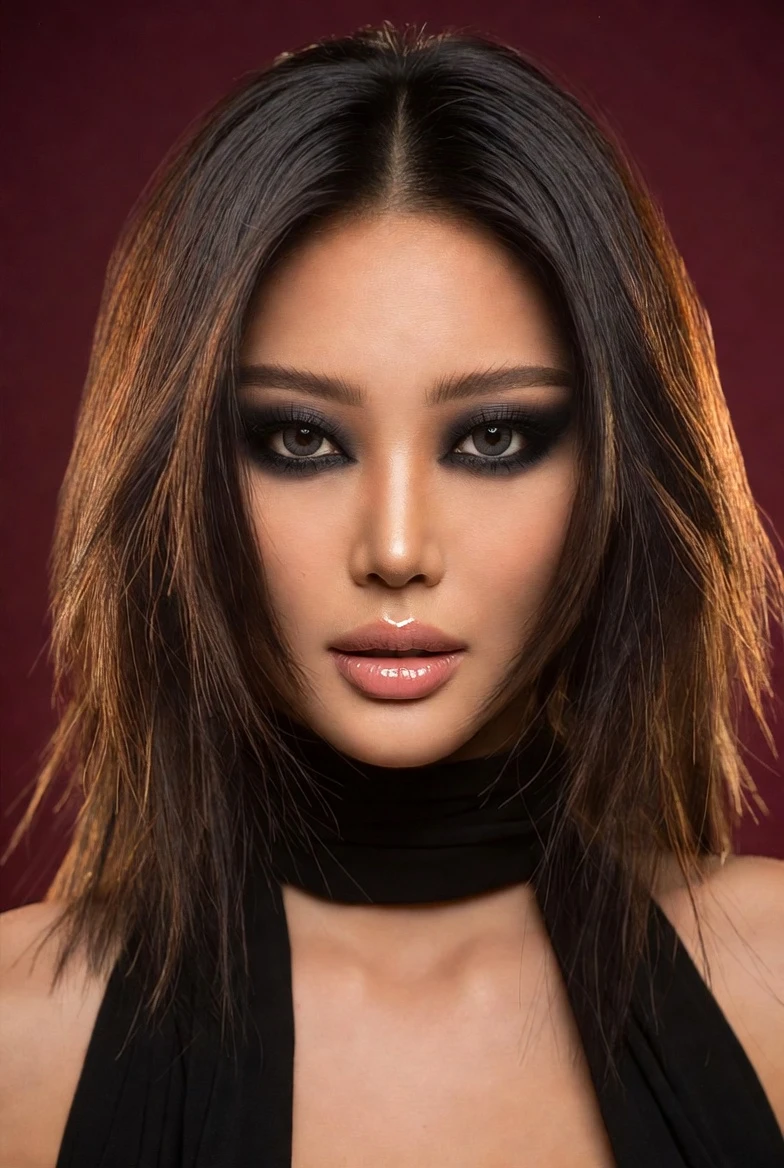 Smoky Eye Glam: Glossy Lips & Dark Hair Beauty Portrait